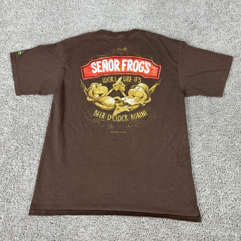 Senor Frogs Shirt Mens Medium Brown Bahamas Beer O Clock Again Short Sleeve